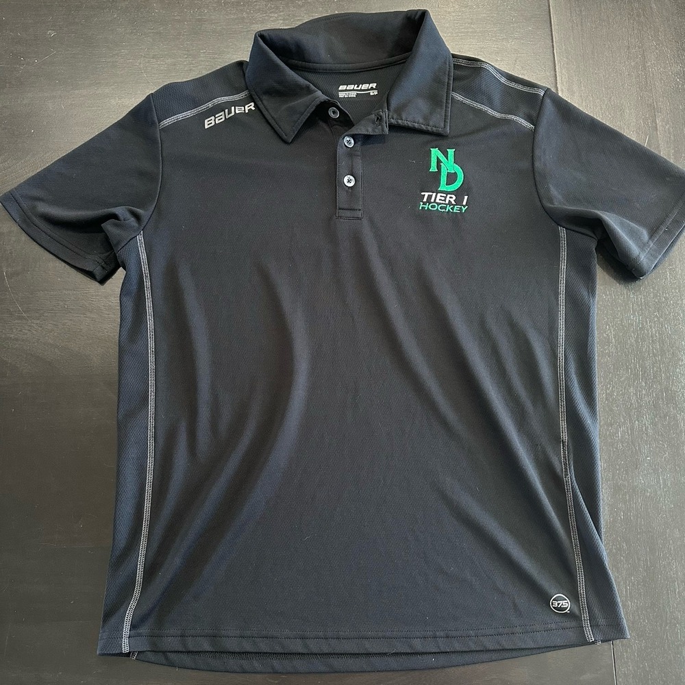 Men's UND Hawks Sioux Hockey Tier 1 Black Bauer Polo Small North Dakota Collar - Picture 8 of 10